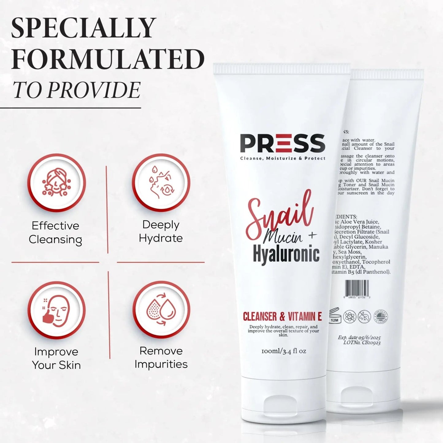 Snail + Hyaluronic  + Vitamin E Cleanser Press Skin Care